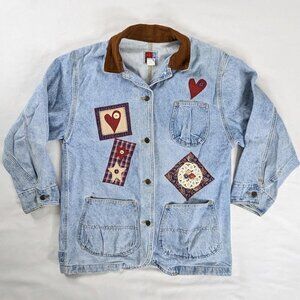VTG Denim Patchwork Blue Brown Collar Cottage Barn Coat Long Chore Jacket